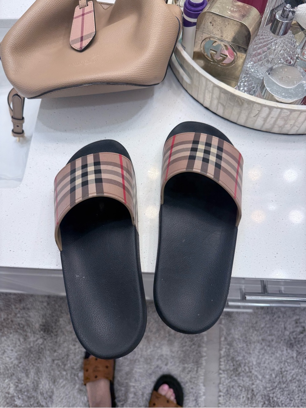 Burberry Beige Check Slide Sandals with Black Footbed - Picture 5 of 6